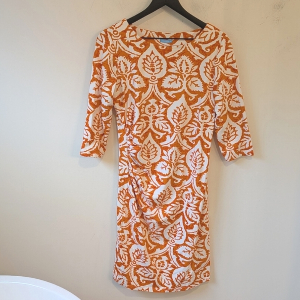 J. McLaughlin Orange White Printed Catalina Cloth 3/4 Sleeve Dress Size Medium